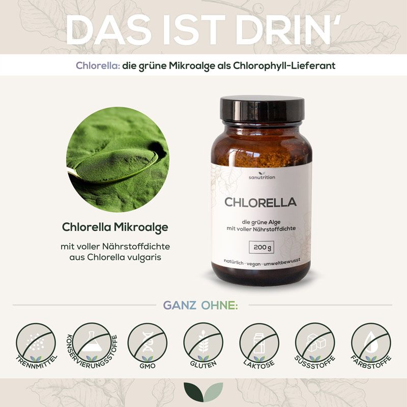 Werbetafel mit Produktabbildung. Braune Glasflasche mit "Chlorella". Text: "die grüne Alge mit voller Nährstoffdichte". 200g. Illustrationen von Inhaltsstoffen.