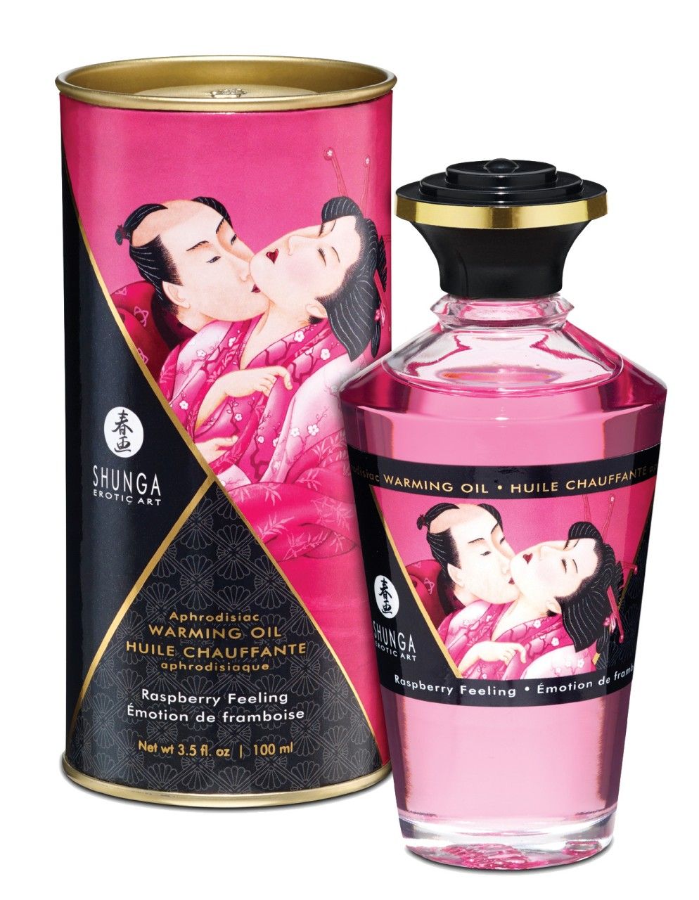 Rosa Massageöl-Flasche und Dose. Aufschrift: Shunga, Himbeer-Aroma. Abbildung: küssendes Paar. Dose: zylindrisch, schwarz-rosa.