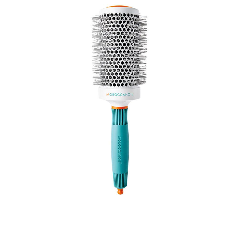 Rundbürste mit weißem, perforiertem Zylinder, blauem Griff und orangefarbenen Akzenten. Moroccanoil-Logo.