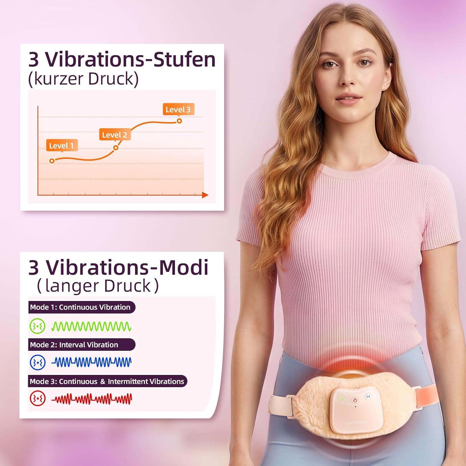 Heizkissen mit 3 Vibrationsstufen und 3 Vibrationsmodi.