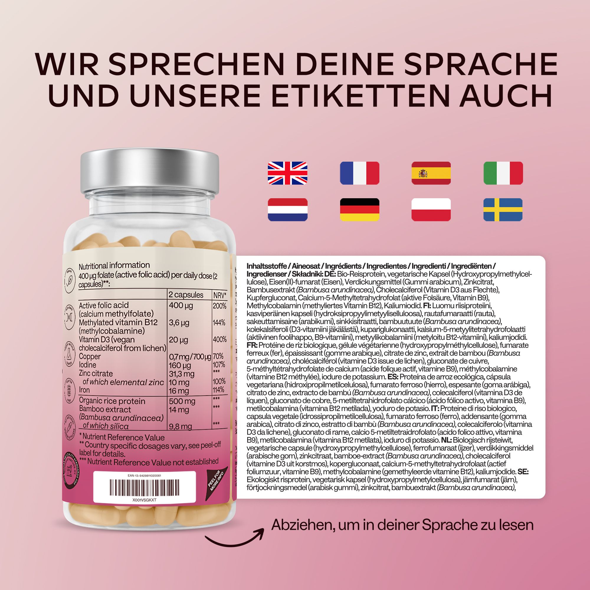 Flasche Aavalabs Folsäure Komplex mit Flaggen und mehrsprachigen Etiketten.