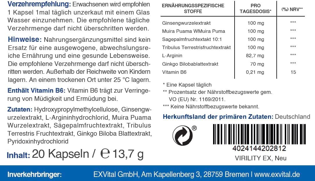 Etikett mit Nährwertangaben. Enthält 20 Kapseln. Zutaten: Hydroxypropylmethylcellulose, Ginsengwurzelextrakt, L-Arginin, etc. Herkunft: Deutschland.