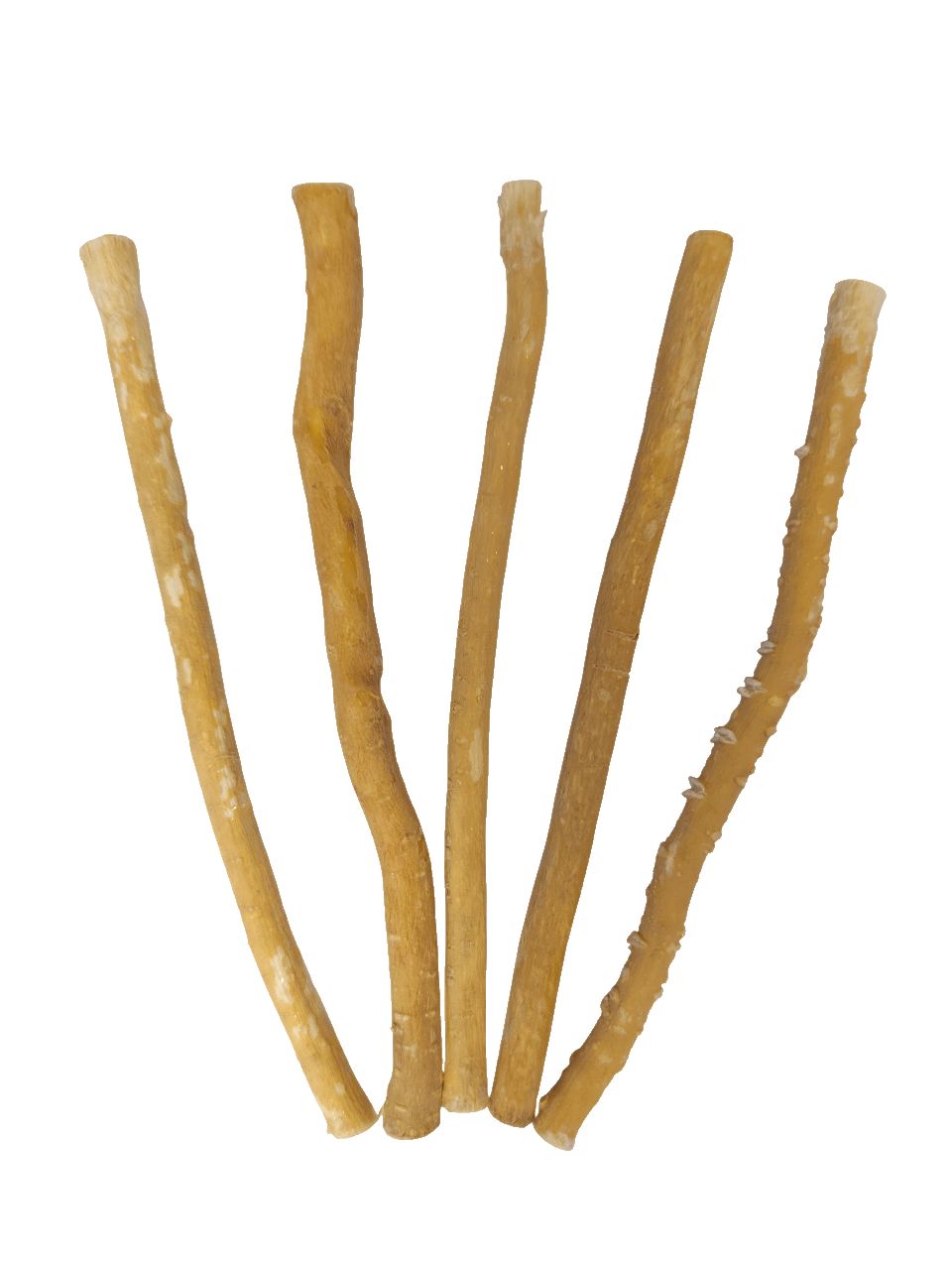 Fünf Miswak-Sticks auf weißem Hintergrund. Die Sticks sind hellbraun und zylindrisch.