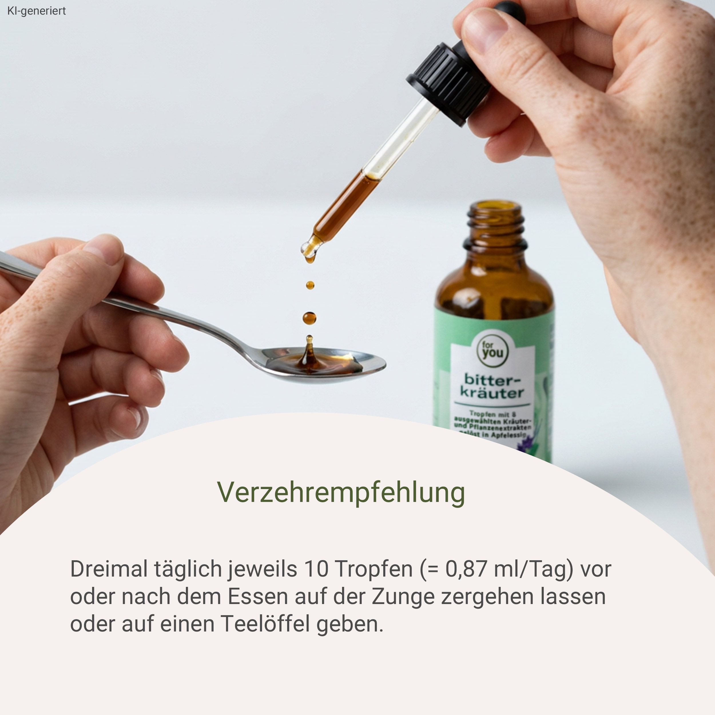 Tropfen von Bitterkräuter-Flasche fallen auf einen Löffel. Nahaufnahme der Anwendung.