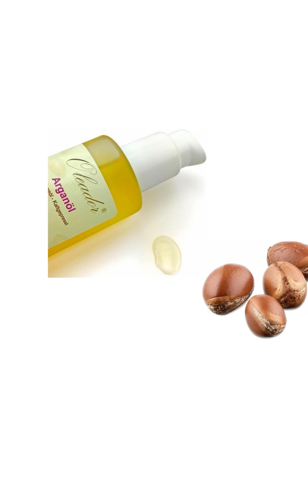 Gelbe Flasche mit weißem Pumpkopf und Etikett. Daneben Arganöl-Samen.