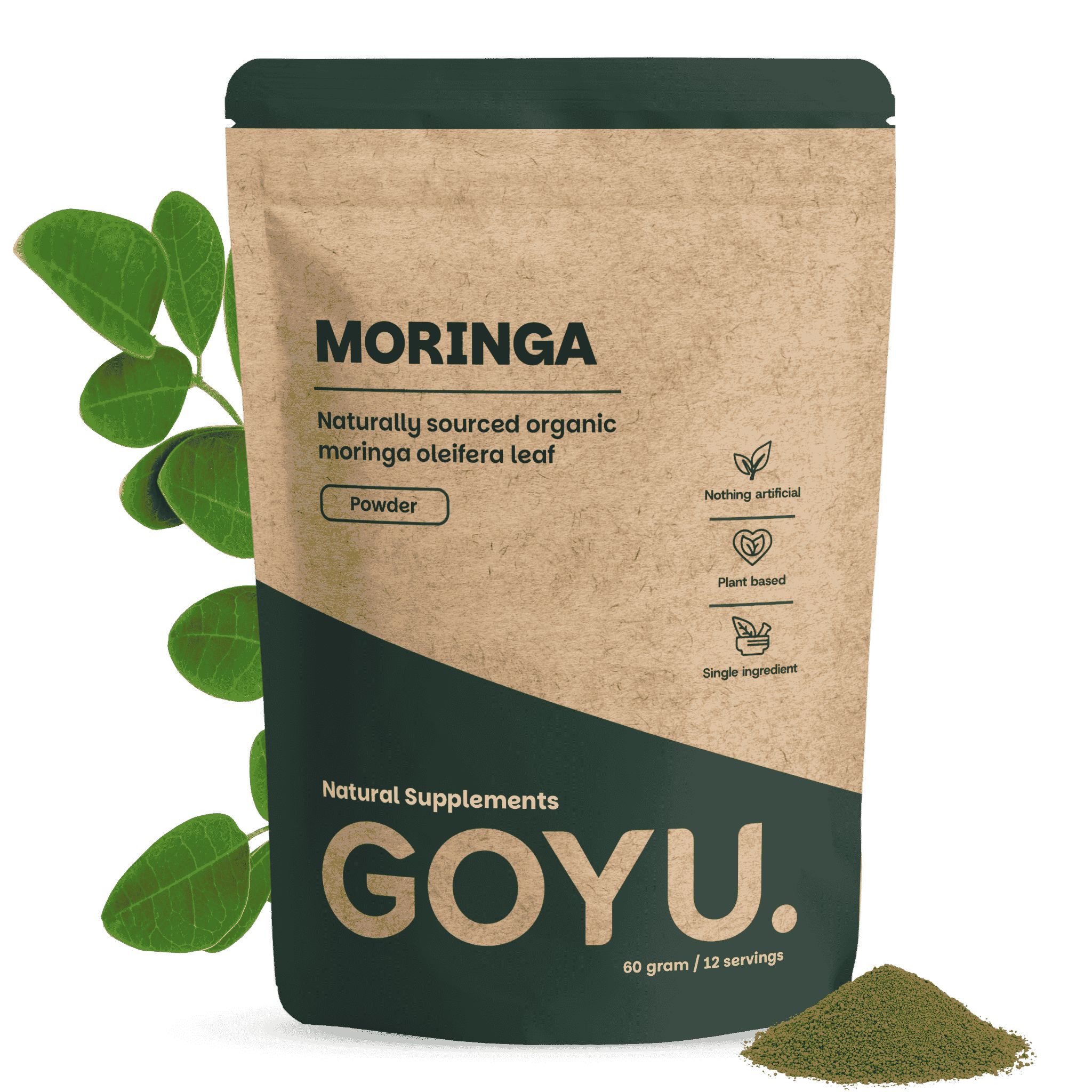 Brauner Beutel mit Moringa Pulver, daneben ein grüner Zweig.