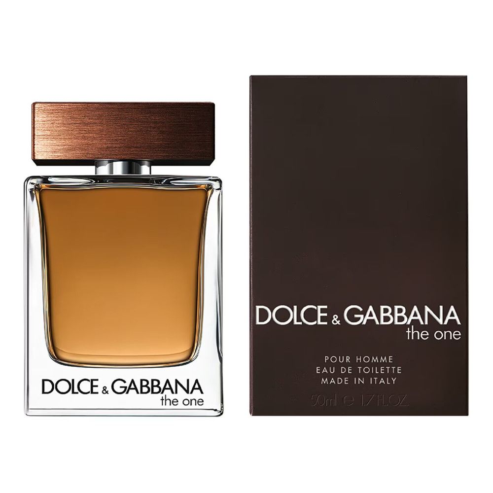 Flakon und Verpackung von Dolce & Gabbana The One. Rechteckiger Flakon mit braunem Deckel. Braune Verpackung mit Logo.