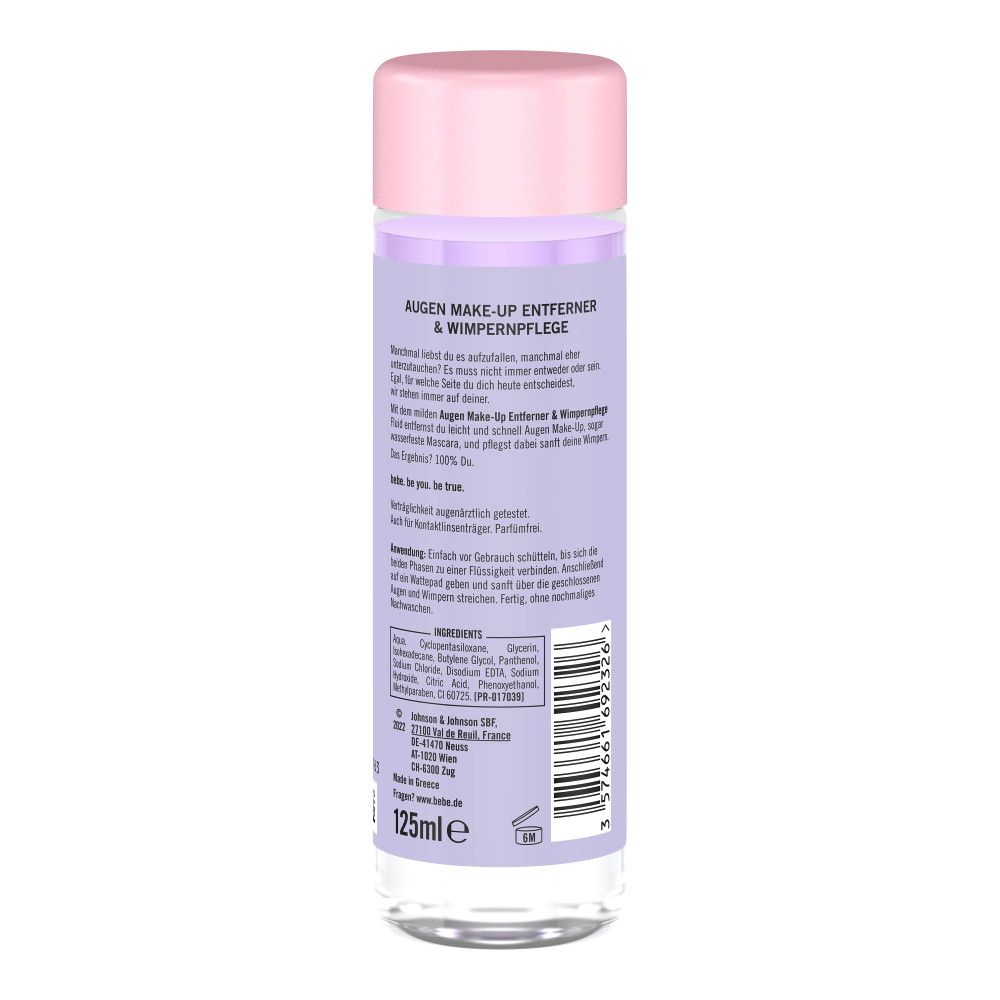Rückseite der Flasche. Text: "Augen Make-Up Entferner & Wimpernpflege". Inhaltsstoffe, Herstellerinformationen und 125ml.