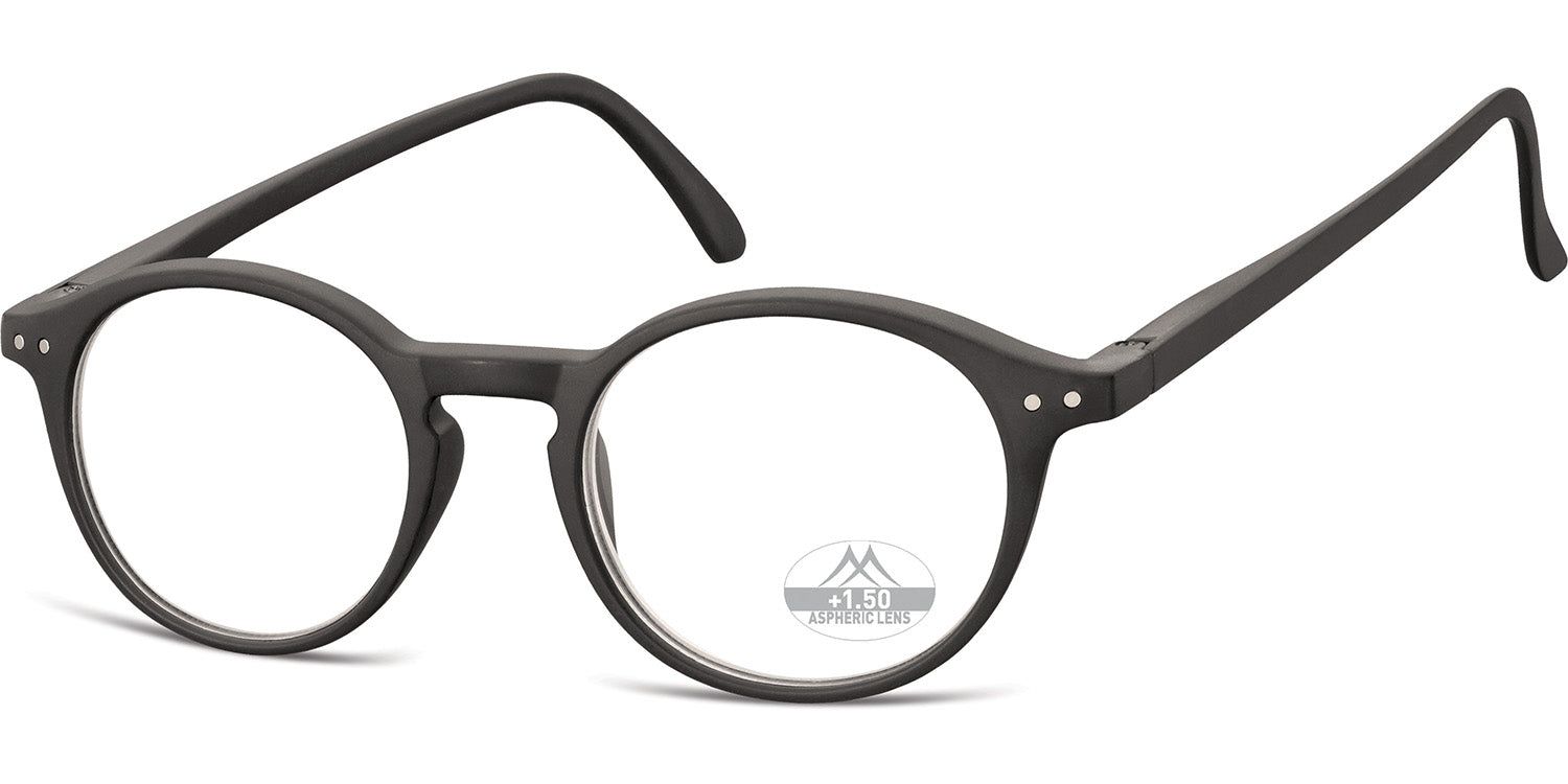 Runde Brille mit schwarzem Rahmen. Auf dem rechten Glas ist eine Kennzeichnung.