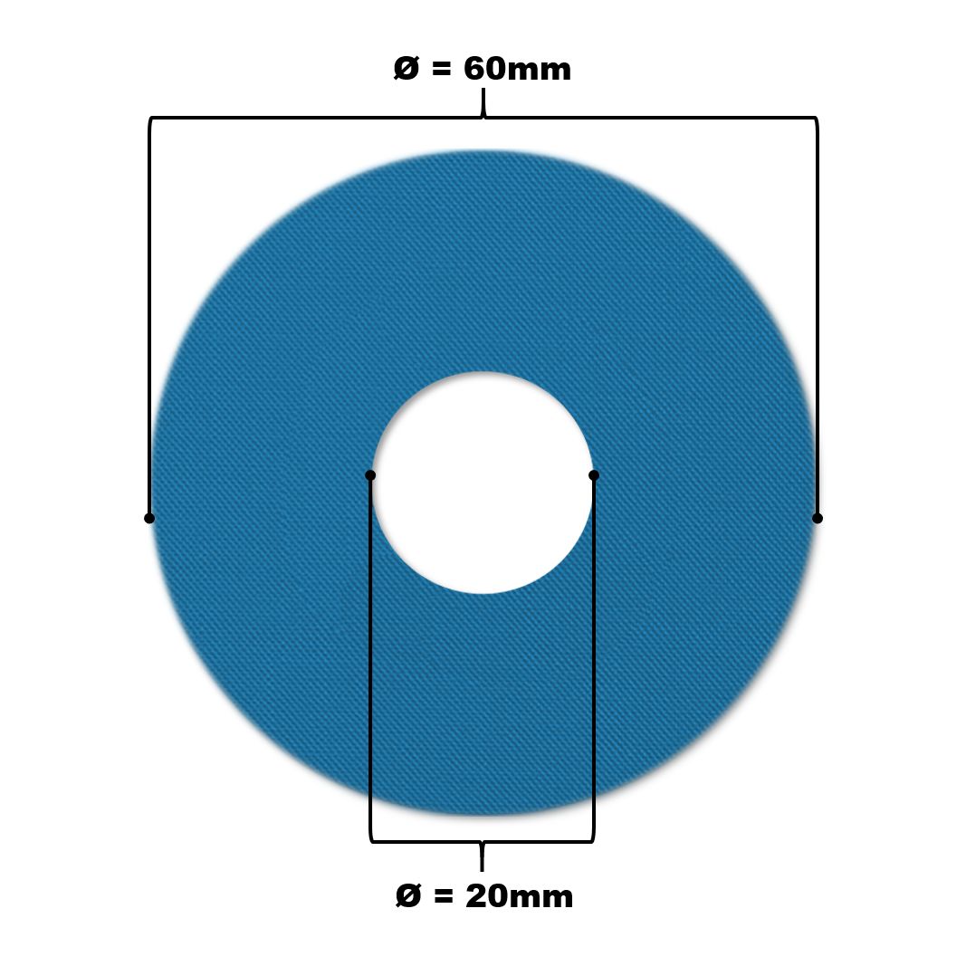 Blaues Katheterpflaster mit Loch. Durchmesser 60mm, Lochdurchmesser 20mm.