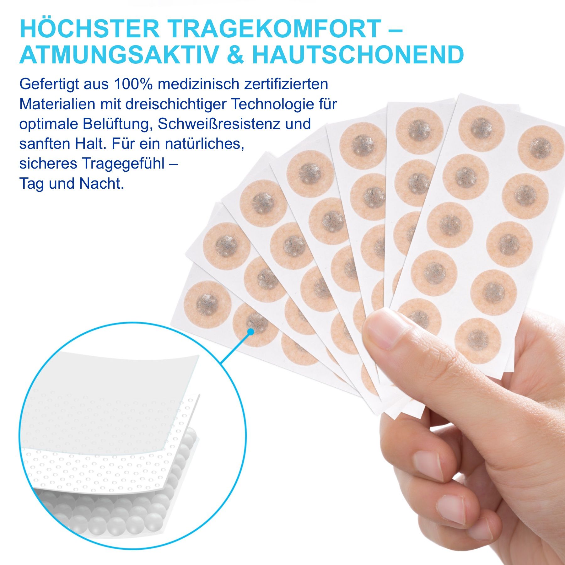 Hand hält mehrere runde Nasenpflaster. Mehrere Schichten sind sichtbar. Text: Atmungsaktiv & hautfreundlich.