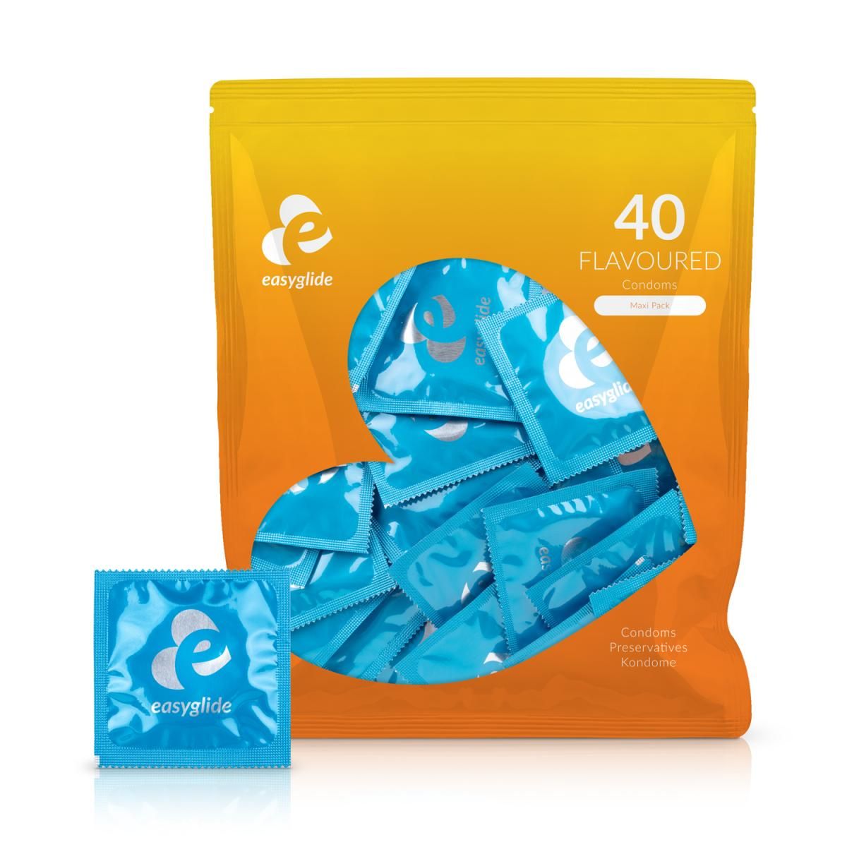 Packung mit 40 Easyglide Kondomen, einzeln verpackt, mit Geschmack.