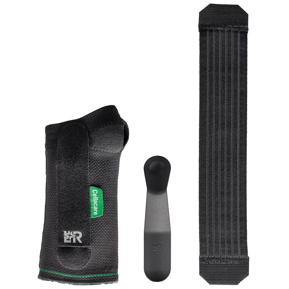 Einzelteile einer Handgelenkbandage: Bandage, Applikator und Gurt.