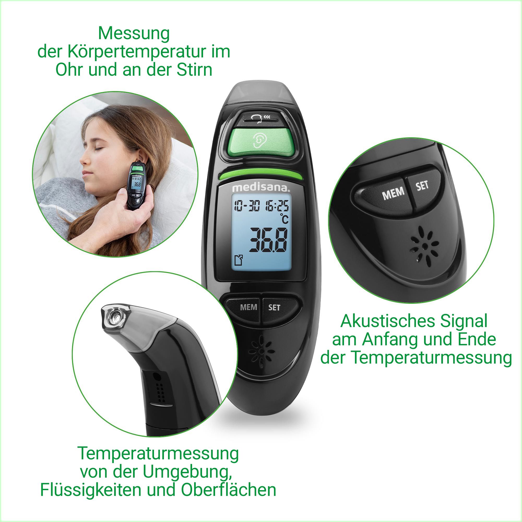 Kontaktloses Fieberthermometer misst Körper-, Umgebungs-, Flüssigkeits- und Oberflächentemperatur.
