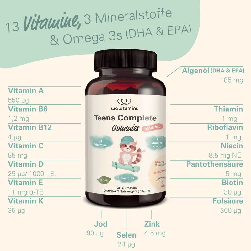 Flasche "wowtamins TEENS COMPLETE" mit Liste von Vorteilen: 13 Vitamine, 3 Mineralstoffe, Omega 3, glutenfrei, laktosefrei.