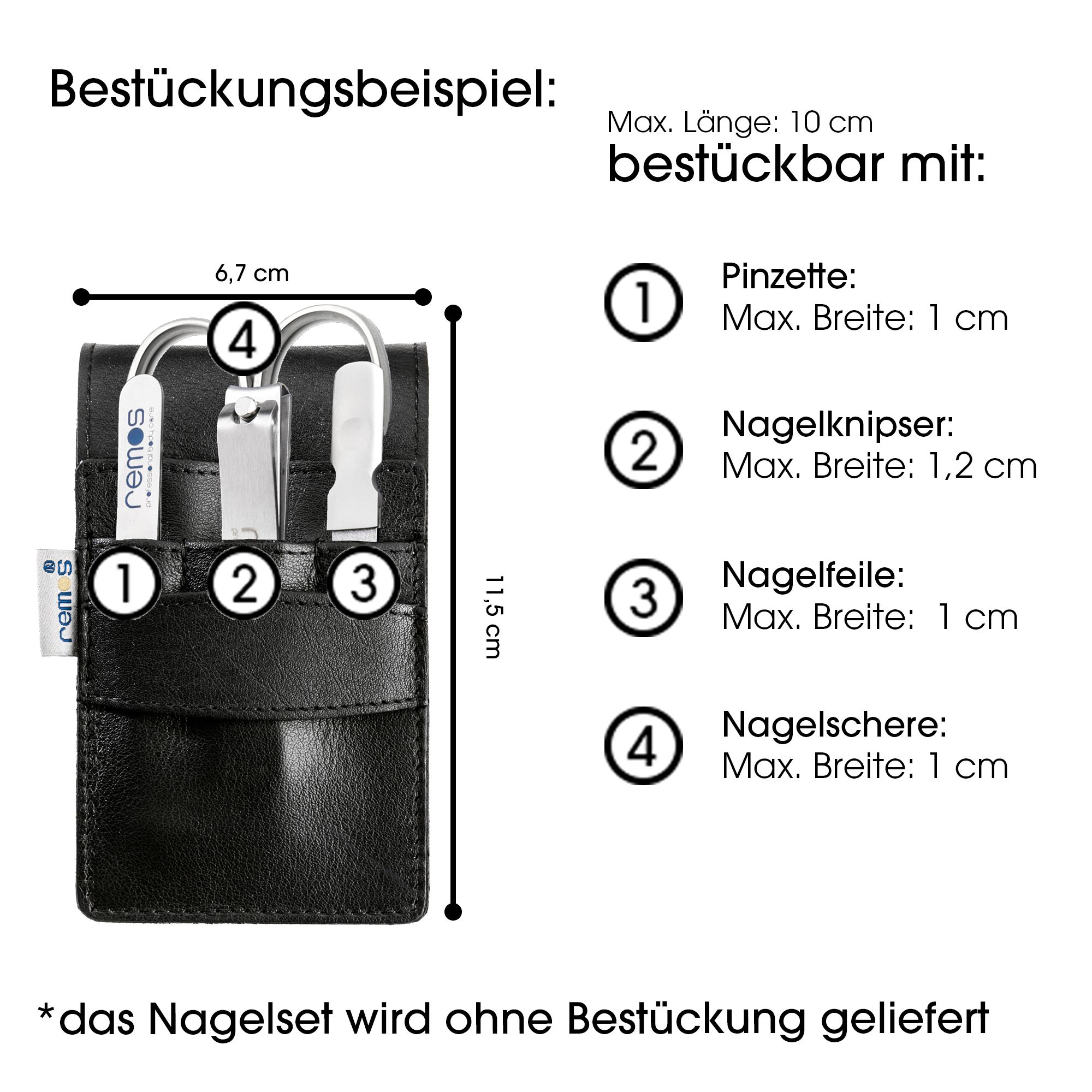 Beispielbestückung eines schwarzen REMOS Lederetuis mit Pinzette, Nagelknipser, Nagelfeile und Nagelschere.