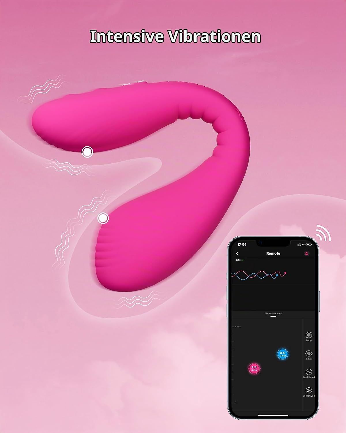 App-gesteuerter, rosa Vibrator mit detaillierten Abmessungen und Ansichten.