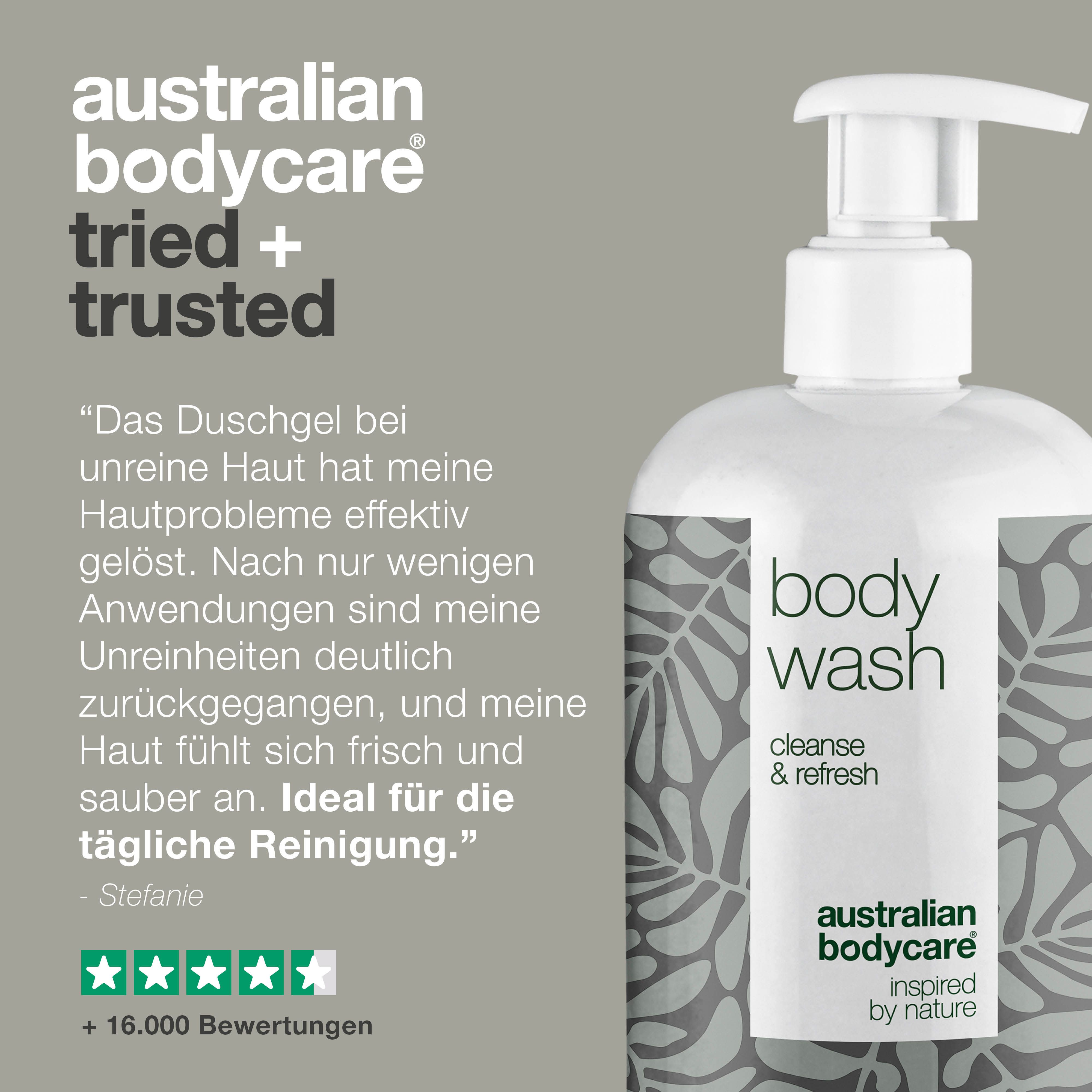 Eine Flasche Body Wash. Text: Australian Bodycare, Lemon Myrtle. Zitat und Sternebewertung. Über 16.000 Bewertungen.