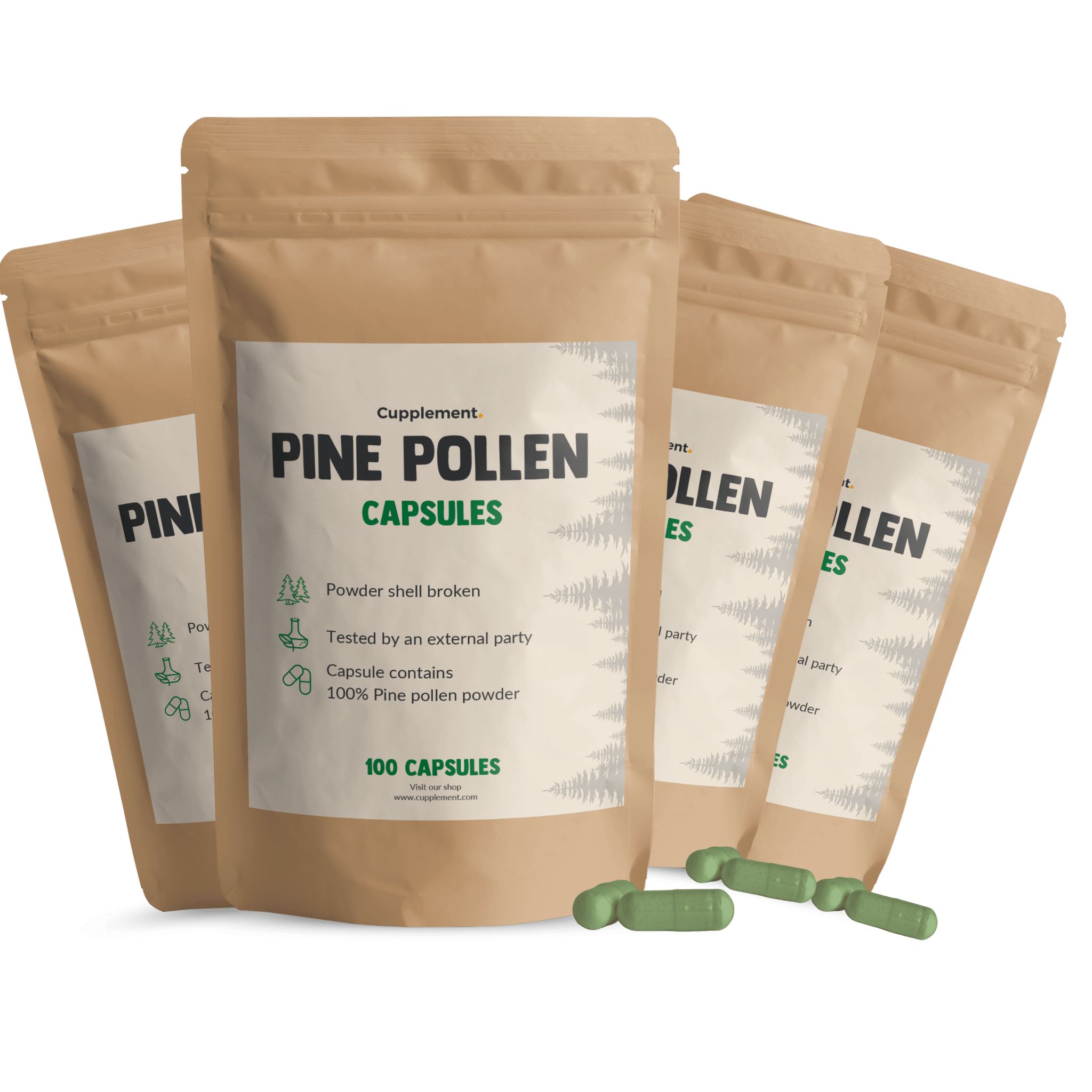 Beige Beutel mit grünen Kapseln. Aufschrift: Pine Pollen Capsules, 100 Capsules. Einige Kapseln liegen daneben.