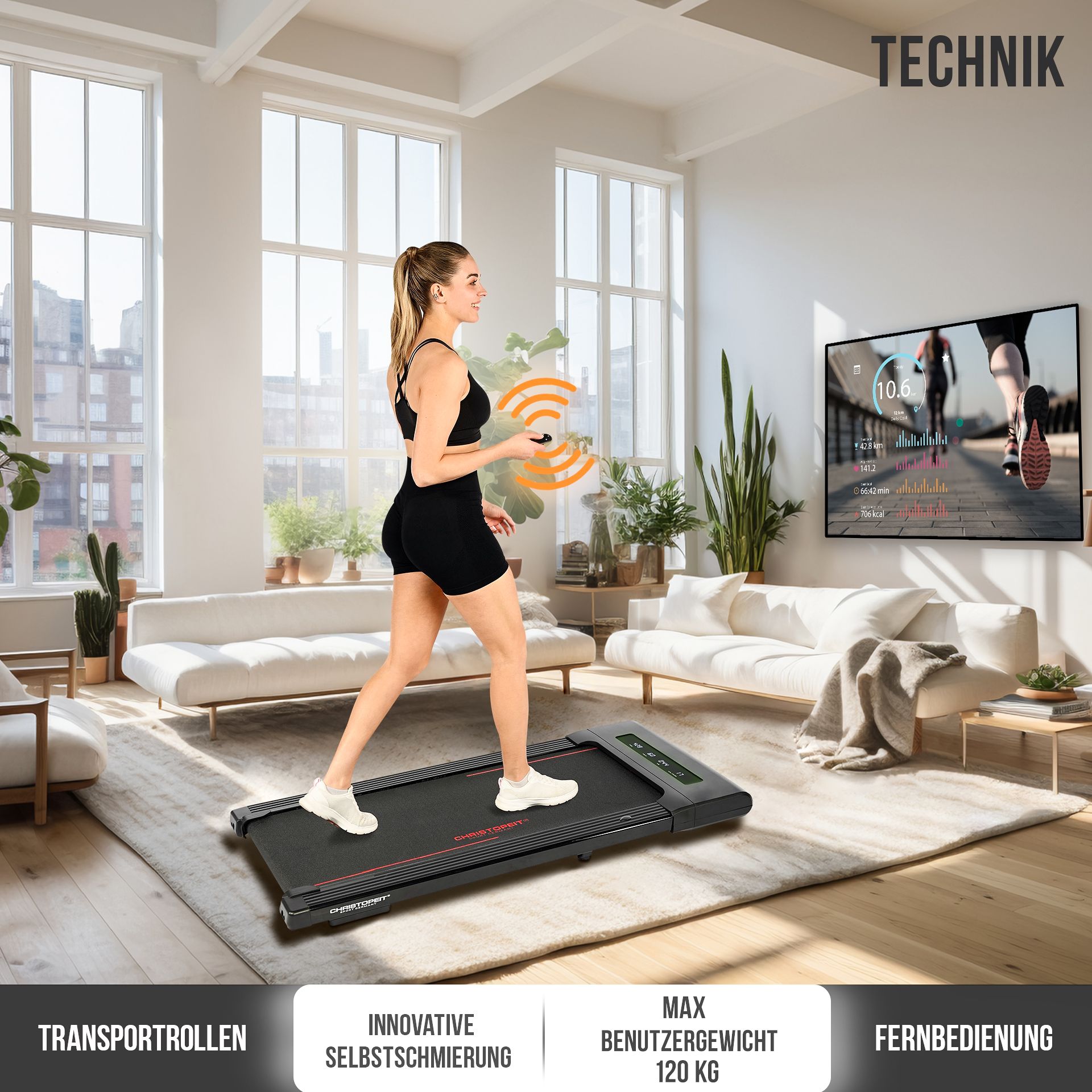 Schwarzes Laufband. Frau läuft darauf, hält Fernbedienung. Bildschirm zeigt Laufstrecke. Text: TECHNIK, MAX Benutzergewicht 120 KG.