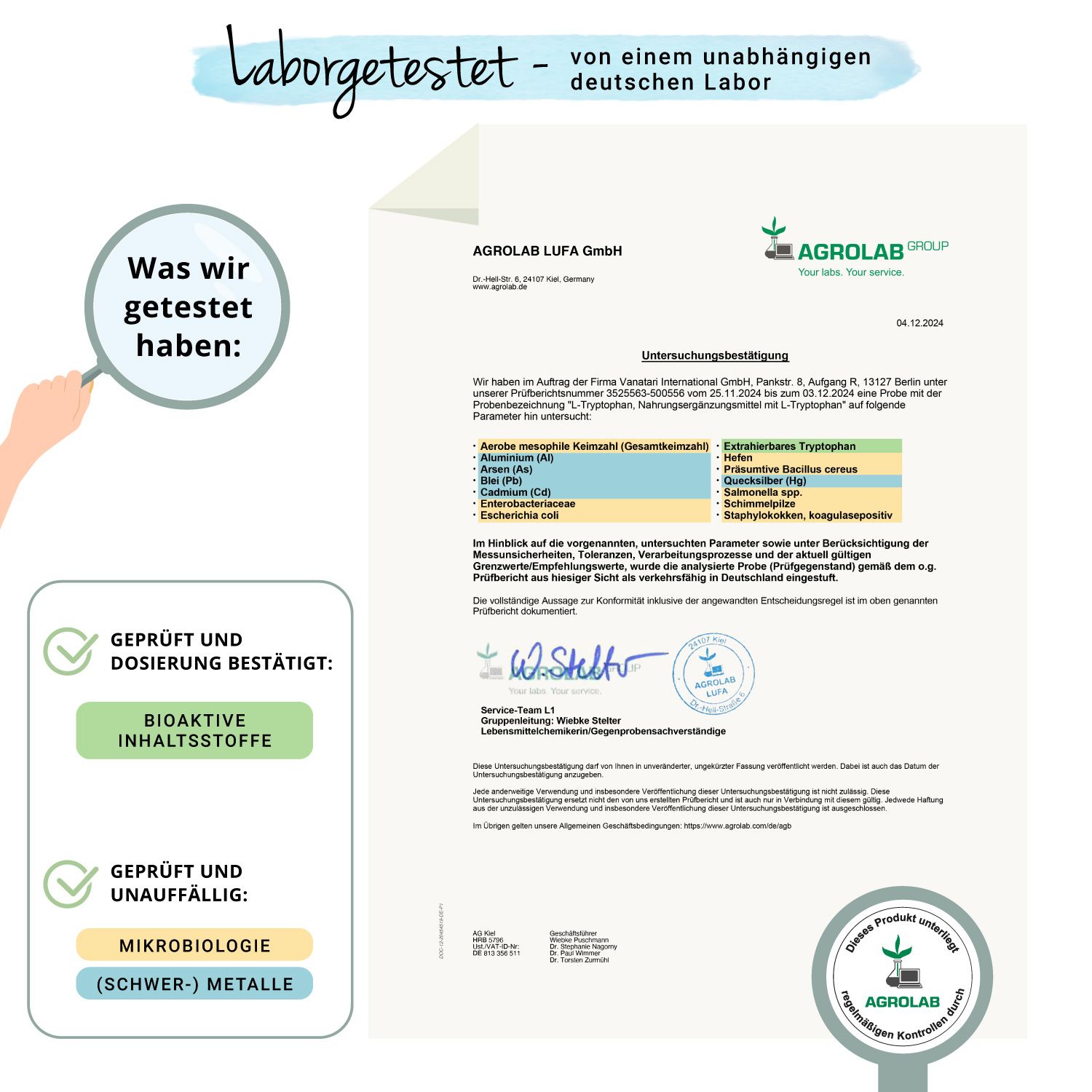 Laborbericht von Agrolab LUFA GmbH. Bestätigung der Inhaltsstoffe und Dosierung. Mikrobiologie geprüft. Siegel: Geprüft und bestätigt, Bioaktive Inhaltsstoffe.