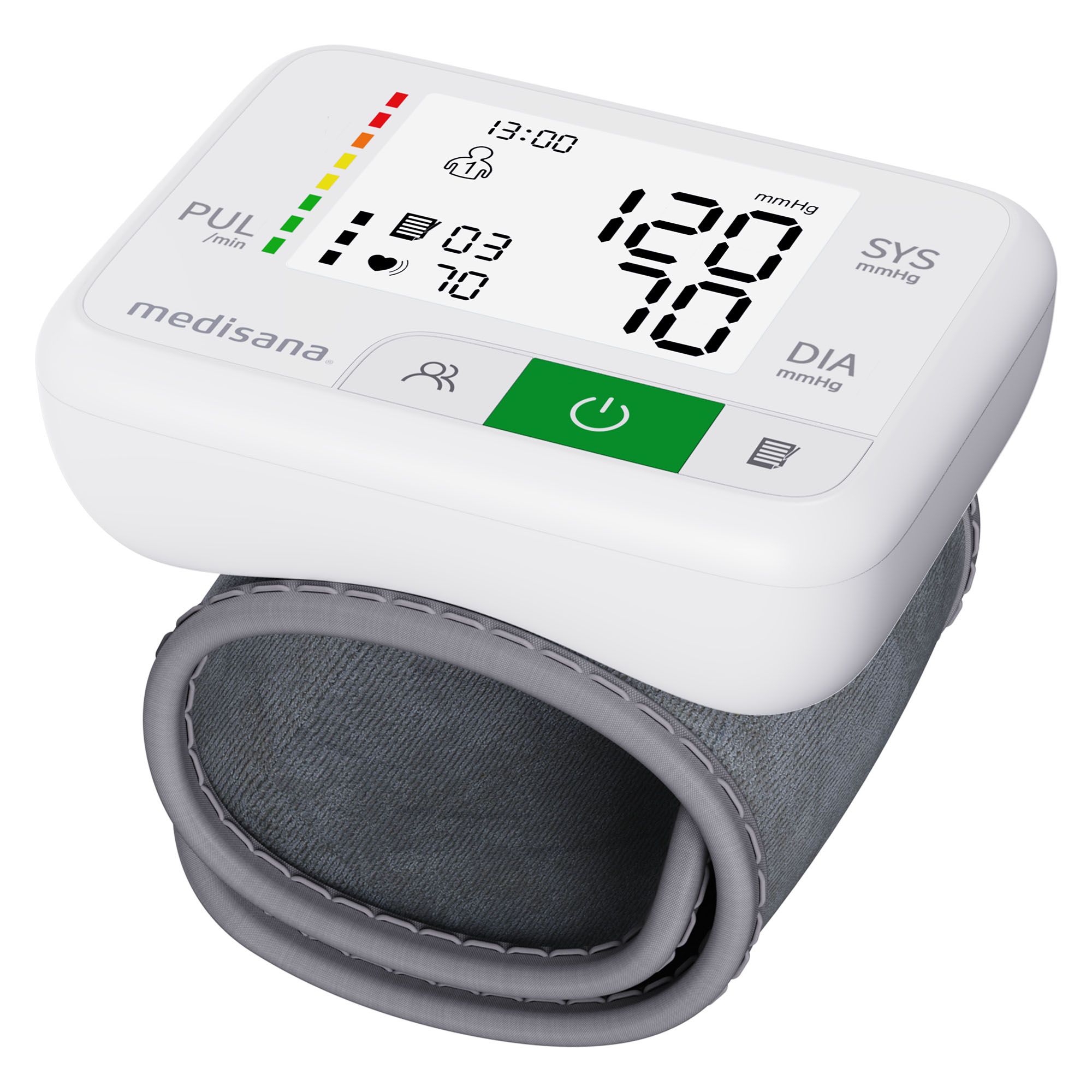 Handgelenk-Blutdruckmessgerät mit digitaler Anzeige. Zeigt Puls, Systole und Diastole. Weißes Gehäuse, graues Armband.