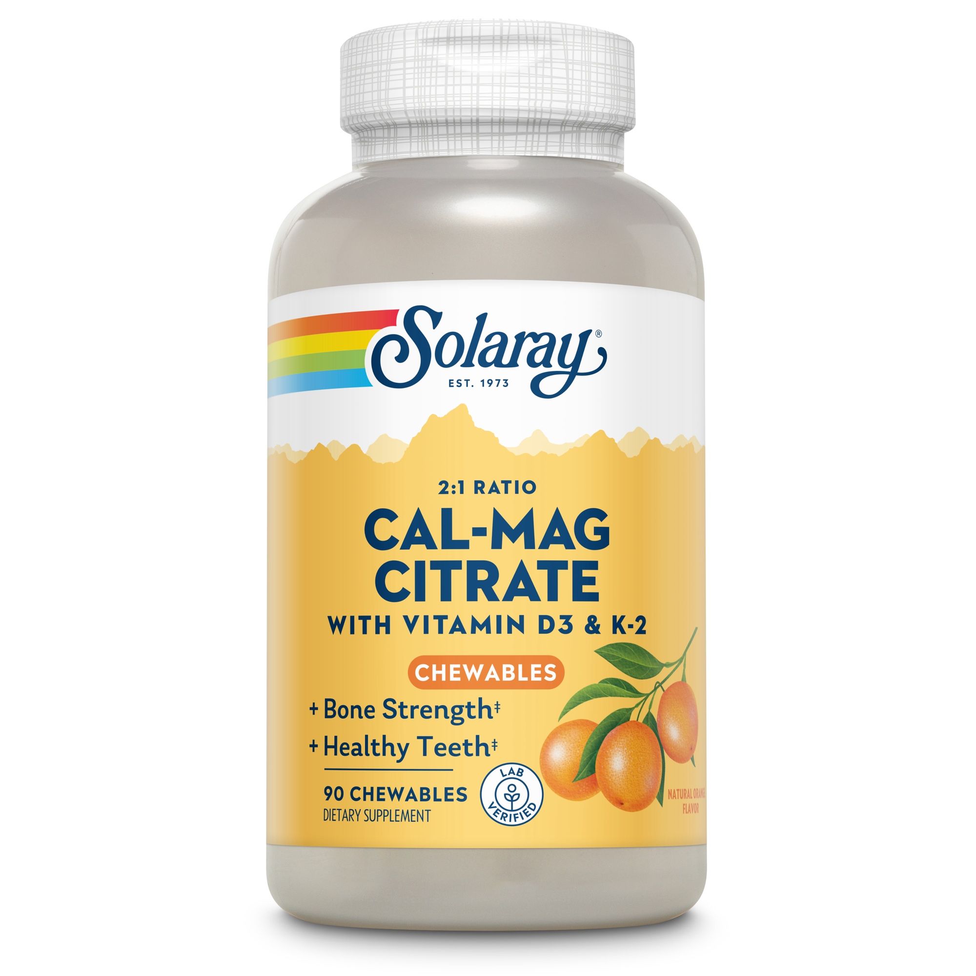 Solaray Cal-Mag Citrat + D3 & K2. Weiße Flasche mit gelbem Etikett. Enthält 90 Chewables. Mit Vitamin D3 & K2. 2:1 Verhältnis. Für Knochenstärke und gesunde Zähne.