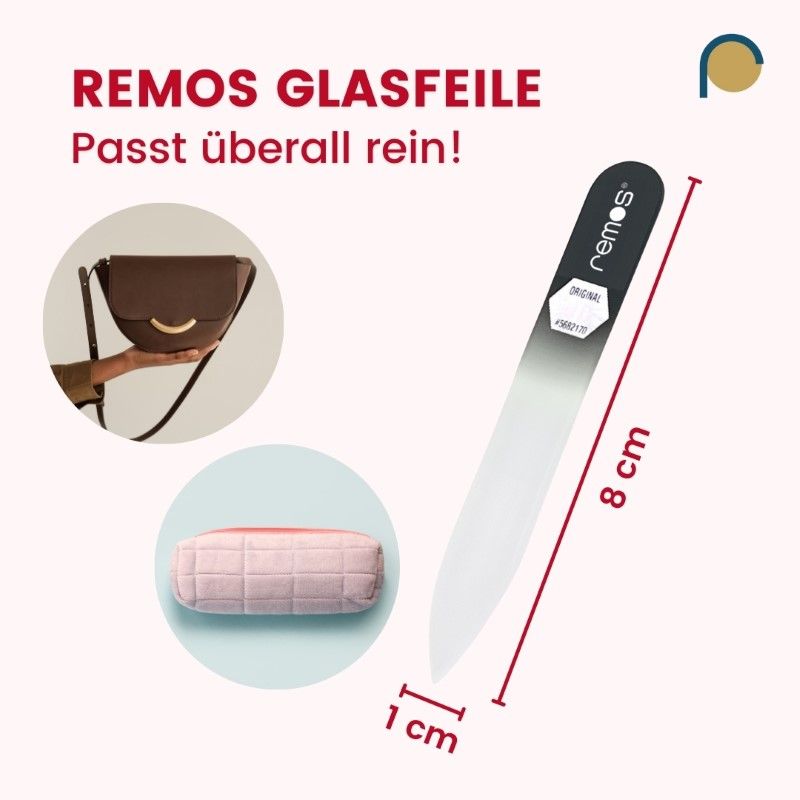 Glasnagelfeile, beidseitig, mit schwarzem Griff, Marke remos. Abmessungen: 8 cm lang, 1 cm breit.