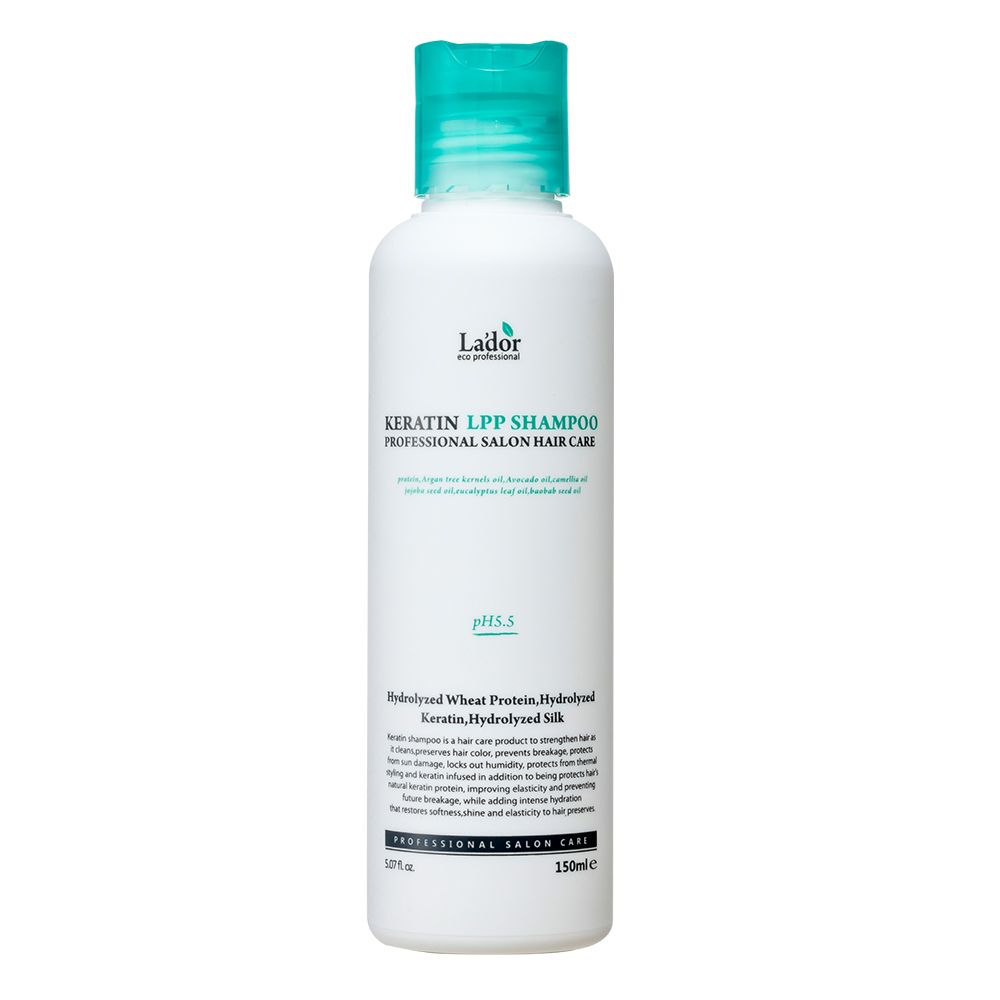 Weiße Flasche mit türkisfarbenem Verschluss, Keratin LPP Shampoo, professionelle Haarpflege.