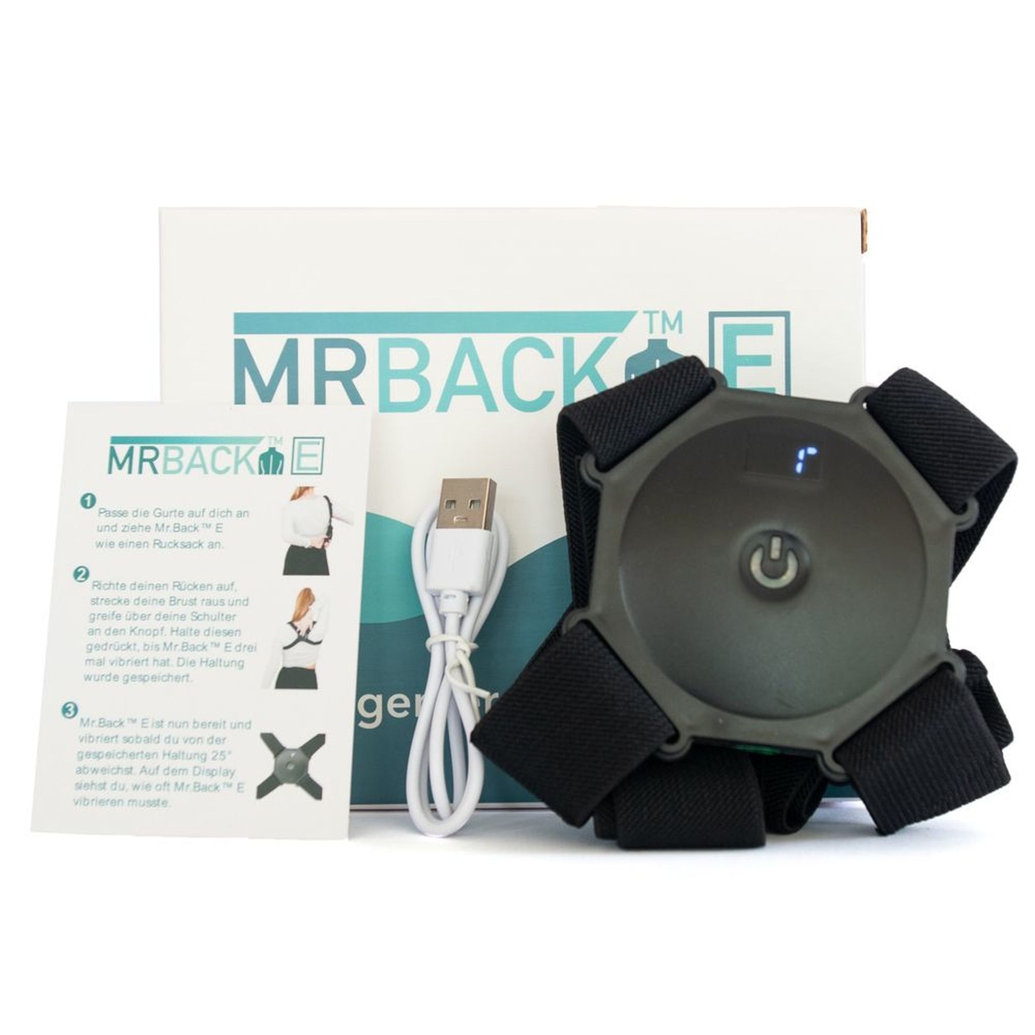 Haltungsgurt mit Verpackung, Anleitung und USB-Kabel. Produktname: MR.BACK E.