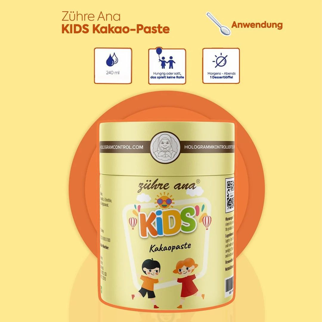 Gelbe Dose 'Kids Kakao-Paste' mit Anwendungshinweisen. 240 ml, kann ohne Hunger eingenommen werden, 1 Messlöffel.