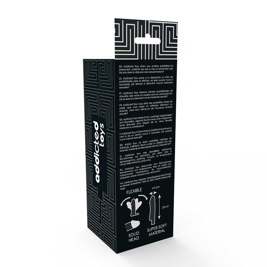 Rückseite der Verpackung mit Text und Logo von Addicted Toys. Enthält Informationen.