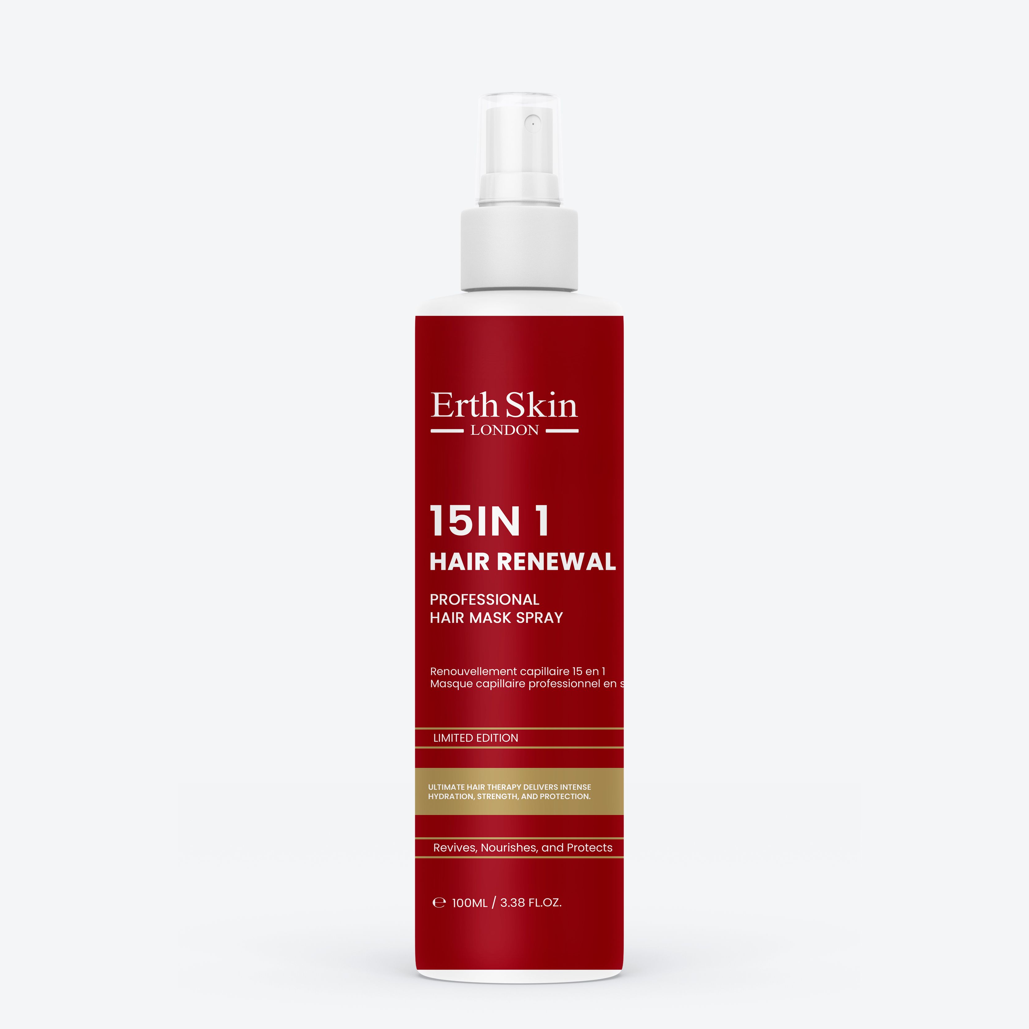 ErthSkin London Spray Masque Réparateur Cheveux 15-in-1, Flasche auf weißem Hintergrund.