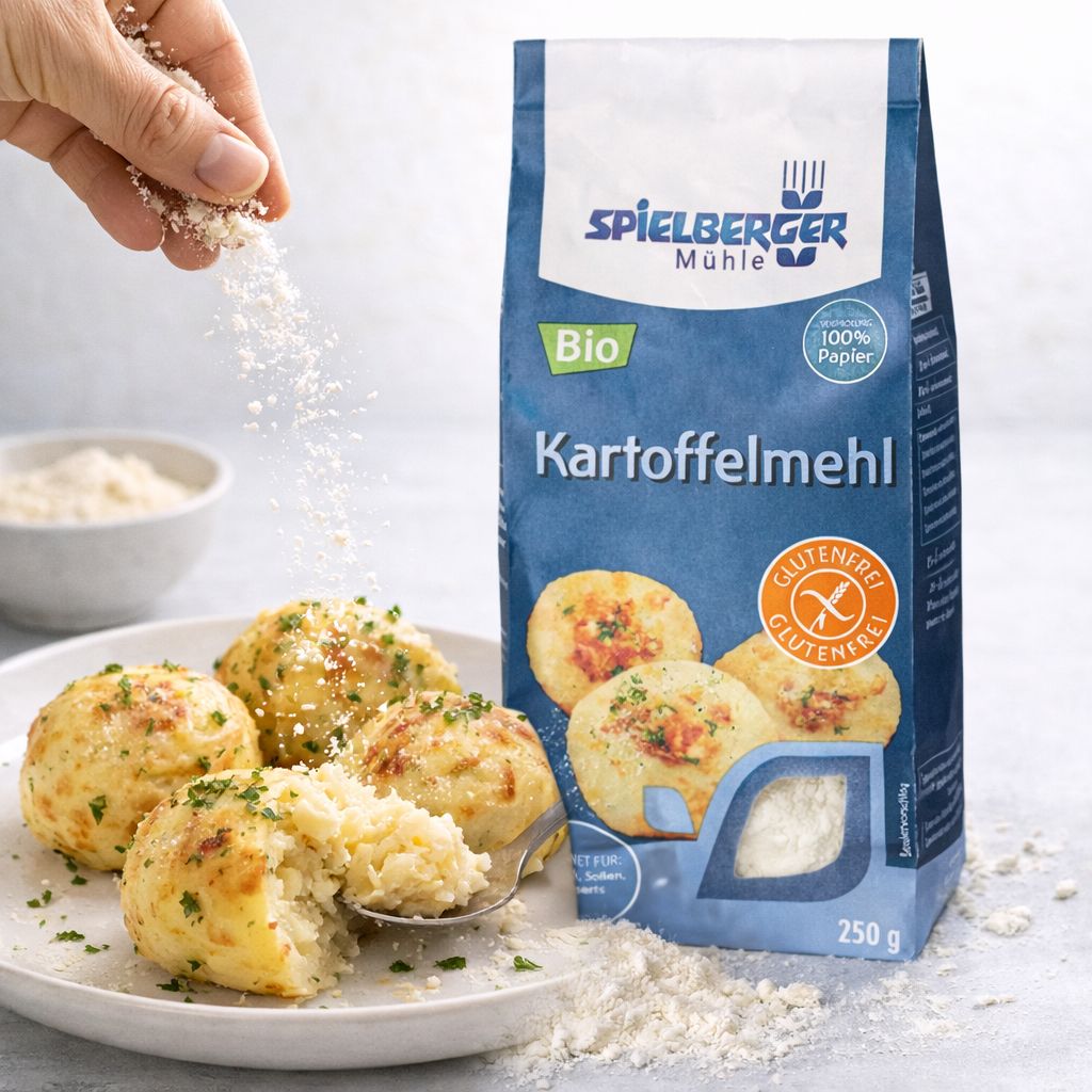 Spielberger Kartoffelmehl Speisestärke glutenfrei, 250g Packung mit Kartoffelklößen.