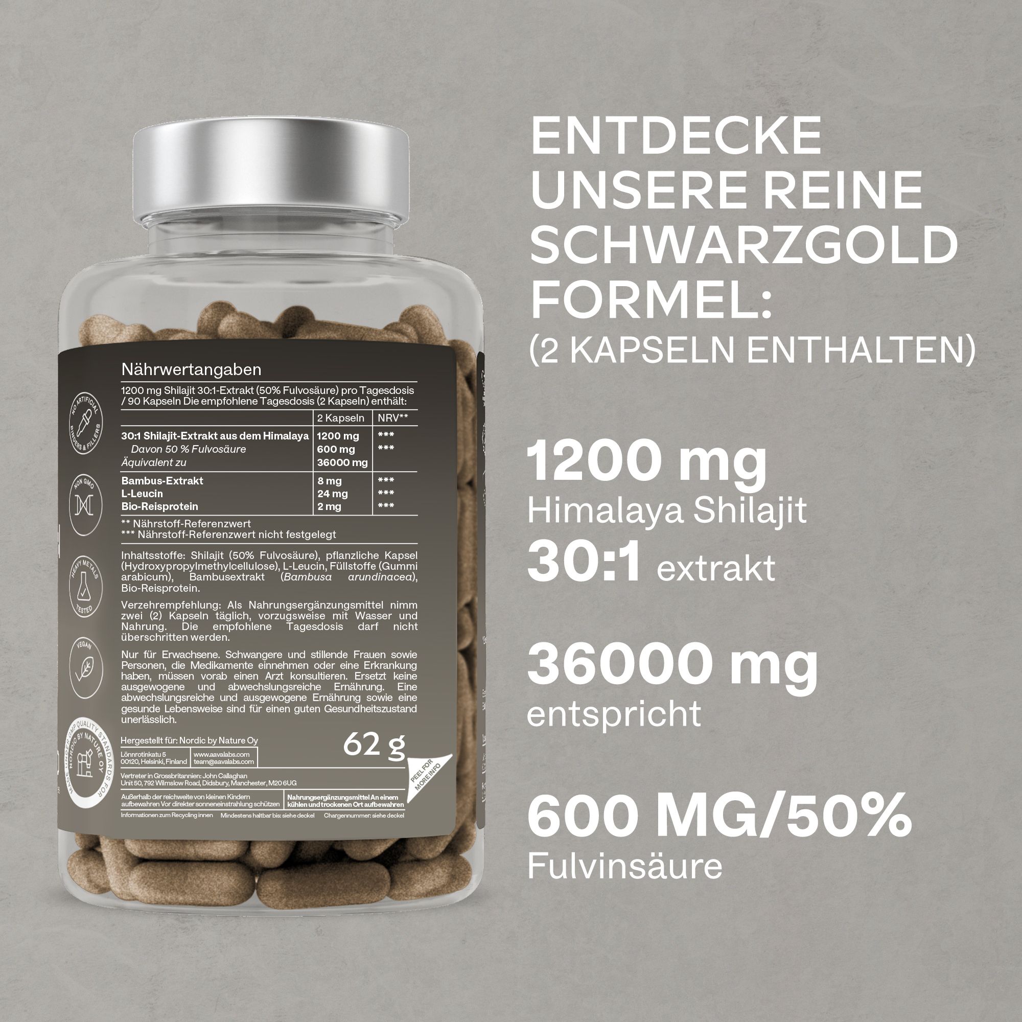 Rückseite der Kapsel-Flasche mit Text. Enthält Informationen zu 1200 mg Himalaya Shilajit Extrakt, 50% Fulvinsäure.