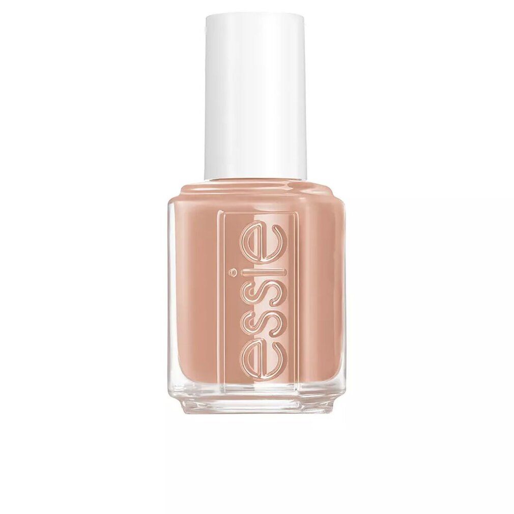 Essie Nagellack, beige-braune Farbe, quadratische Glasflasche mit weißem Deckel. Essie-Schriftzug auf der Vorderseite.