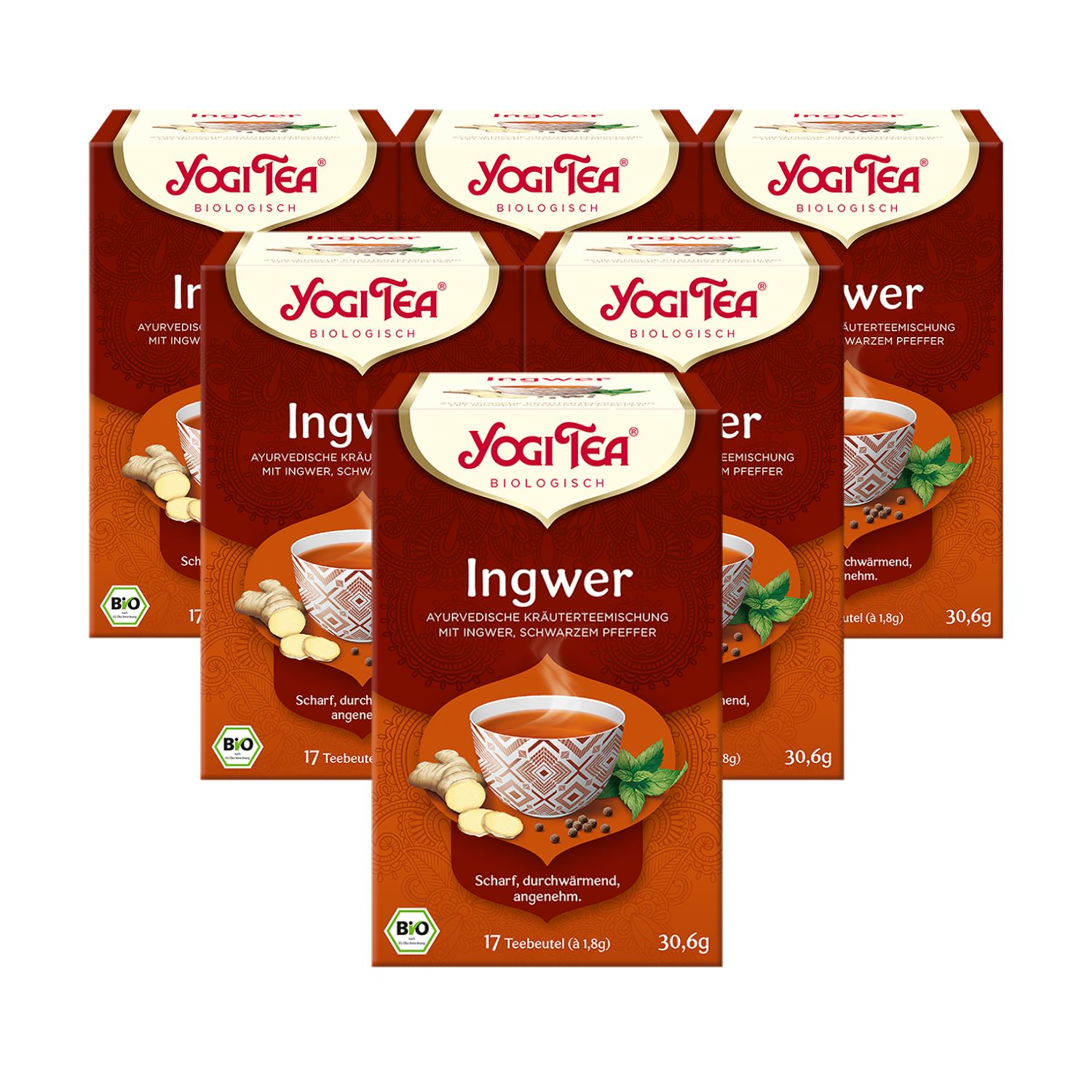 Mehrere Packungen Ingwer Bio Kräutertee. Aufdruck: Yogi Tea, Ingwer, ayurvedische Kräutermischung, 17 Teebeutel, Bio-Siegel.