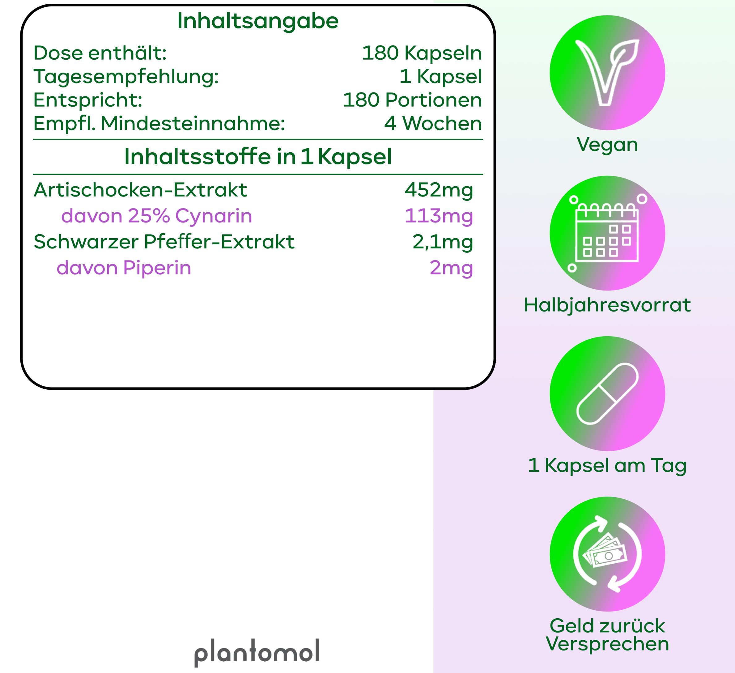 Inhaltsangabe: 180 Kapseln, 1 Kapsel pro Tag, 180 Portionen. Enthält Artischocken-Extrakt, 25% Cynarin, Schwarzer Pfeffer-Extrakt. Vegan.