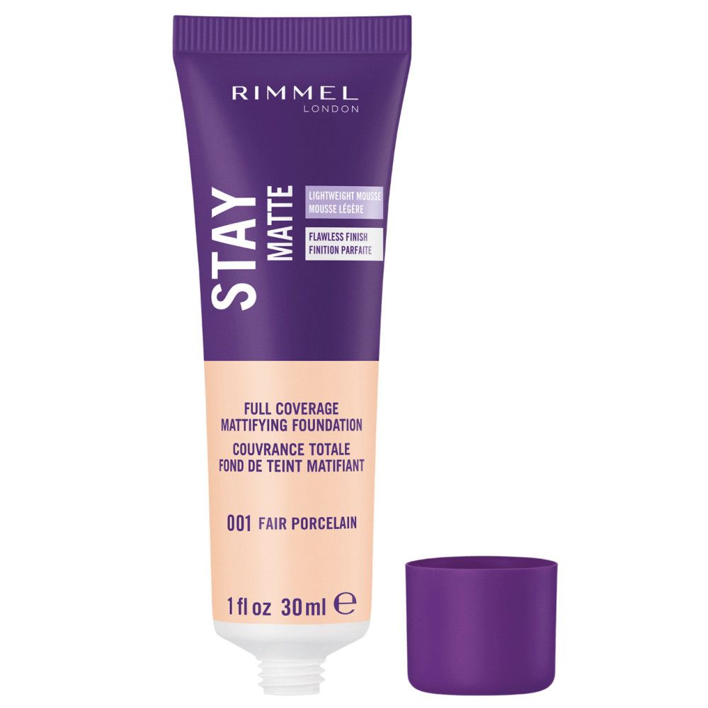 Rimmel Stay Matte Foundation. Tube mit Schraubverschluss. Farbton 001 Fair Porcelain. Text auf Englisch und Französisch.