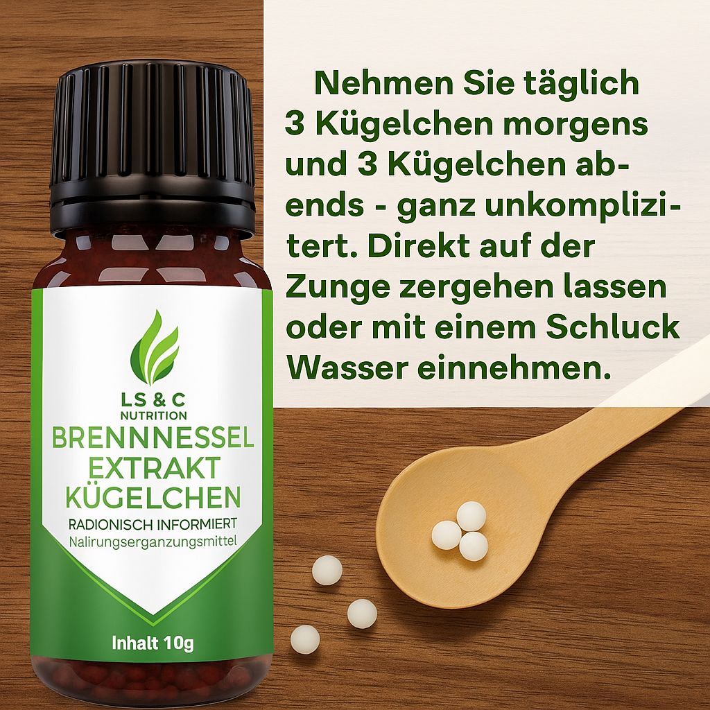 Braune Glasflasche mit schwarzem Deckel und grünem Etikett. Text: LS & C Nutrition, Brennnessel Extrakt Kügelchen. Daneben: Holzlöffel mit Kügelchen.