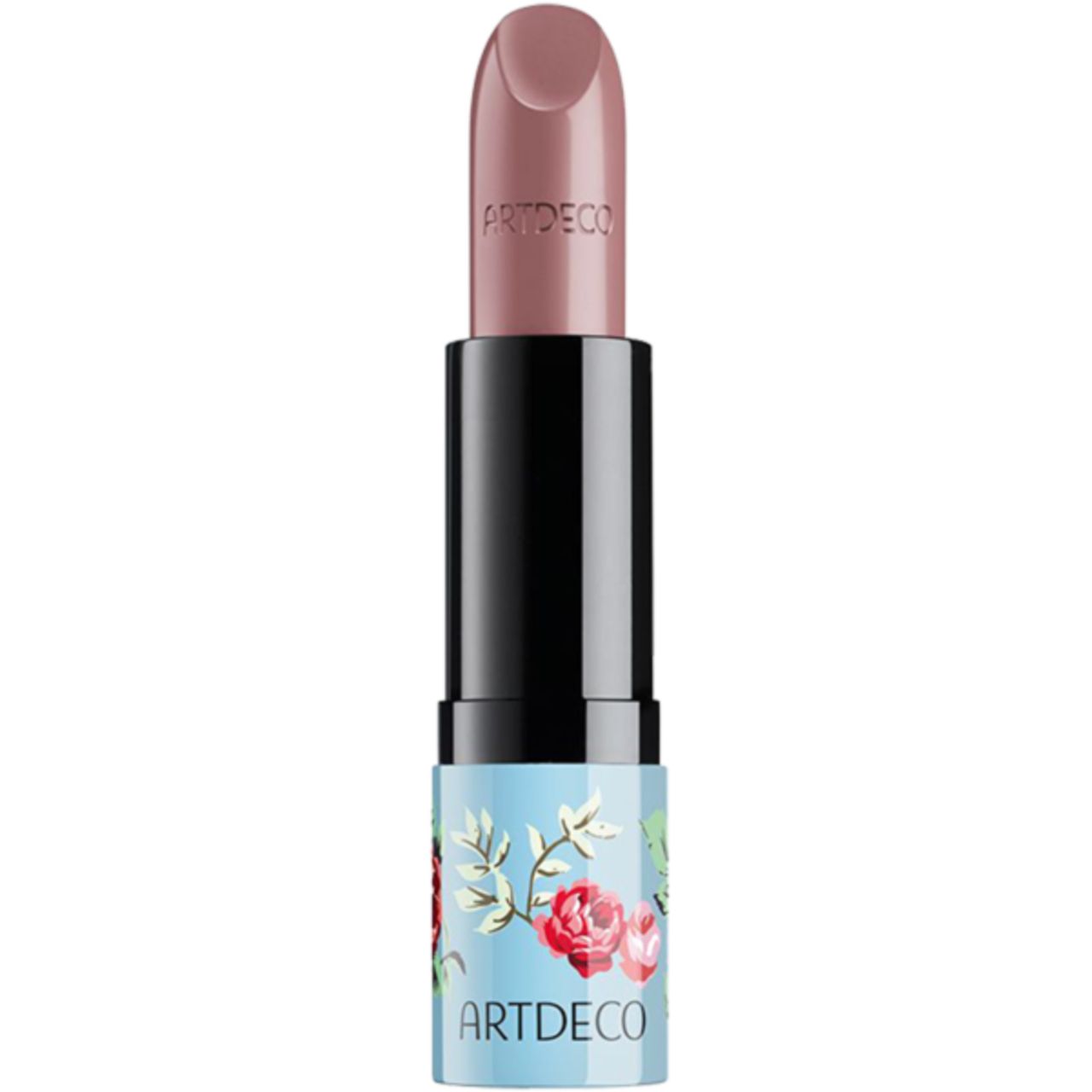 Lippenstift mit schwarzer Hülse und rosafarbenem Lippenstift. Hülse mit Blumenmuster und ARTDECO-Schriftzug.