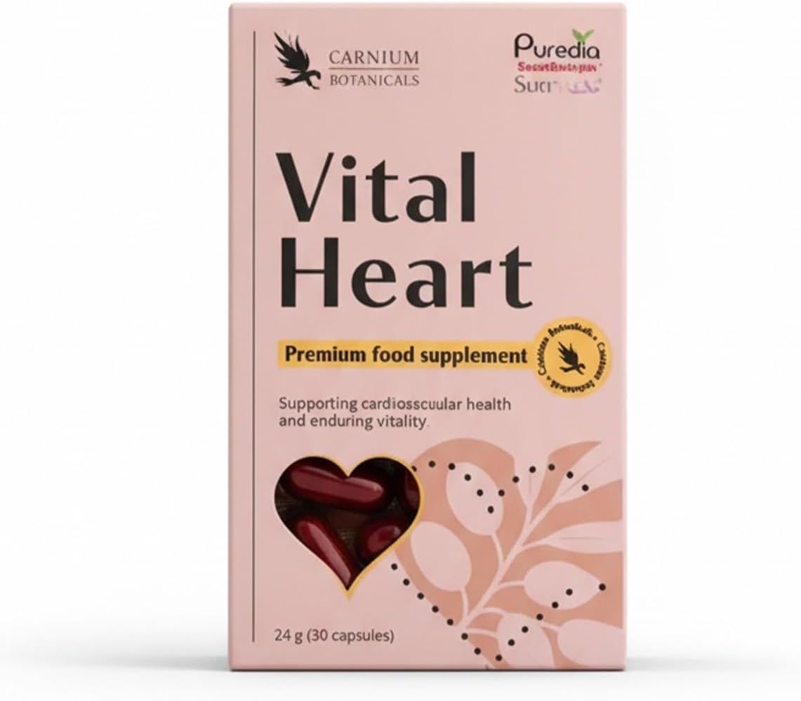 Rosa Schachtel mit "Vital Heart"-Logo und Kapseln in Herzform. Enthält 24g (30 Kapseln).