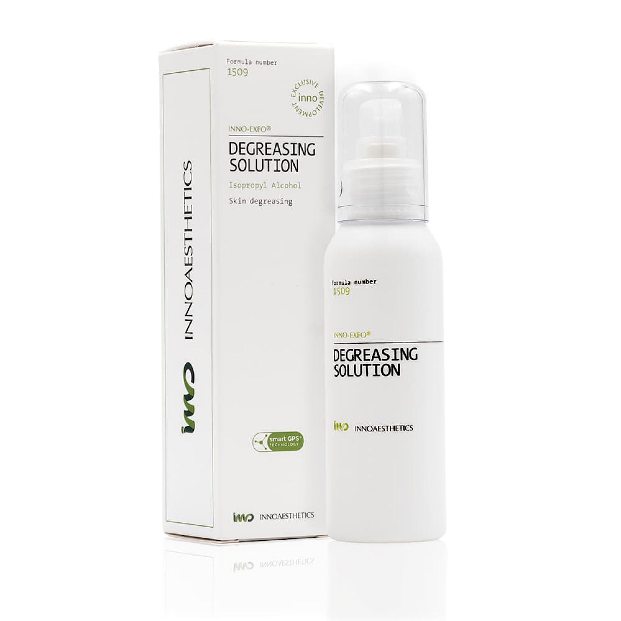 Weiße Flasche mit Sprühkopf und Karton. Aufschrift: Degreasing Solution, Innoaesthetics. Produktnummer 1509.