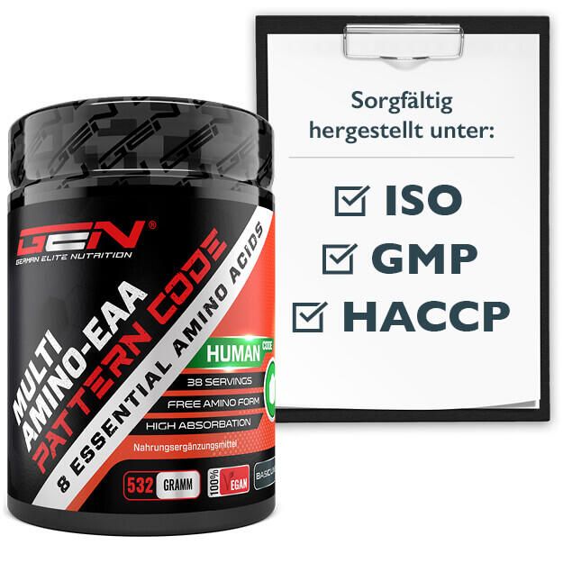 Dose mit Etikett, Text: Multi Amino-EAA, 8 Essential Amino Acids. Mit ISO, GMP, HACCP Zertifizierungen.