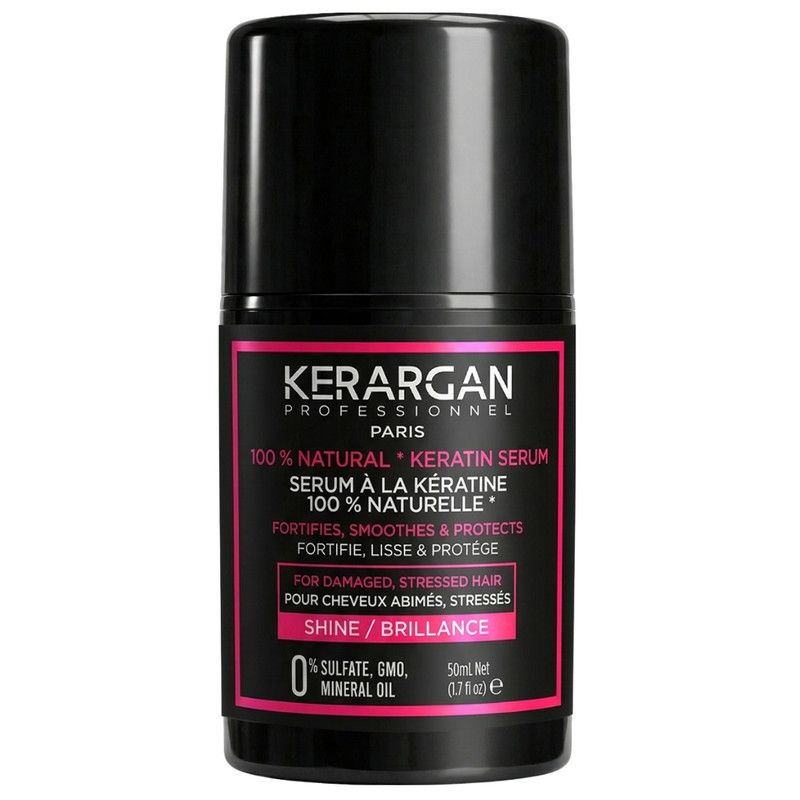 Schwarze Flasche mit rosa Etikett. Text: Kerargan, Keratin Serum, 100% natürlich. Für geschädigtes Haar. 50ml.