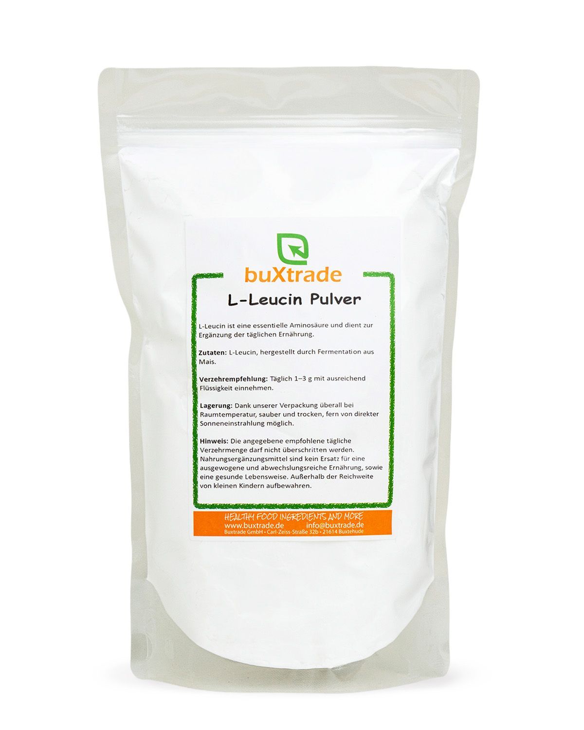 Verpackung mit buXtrade L-Leucin Pulver. Enthält Informationen zu Inhaltsstoffen und Lagerung.