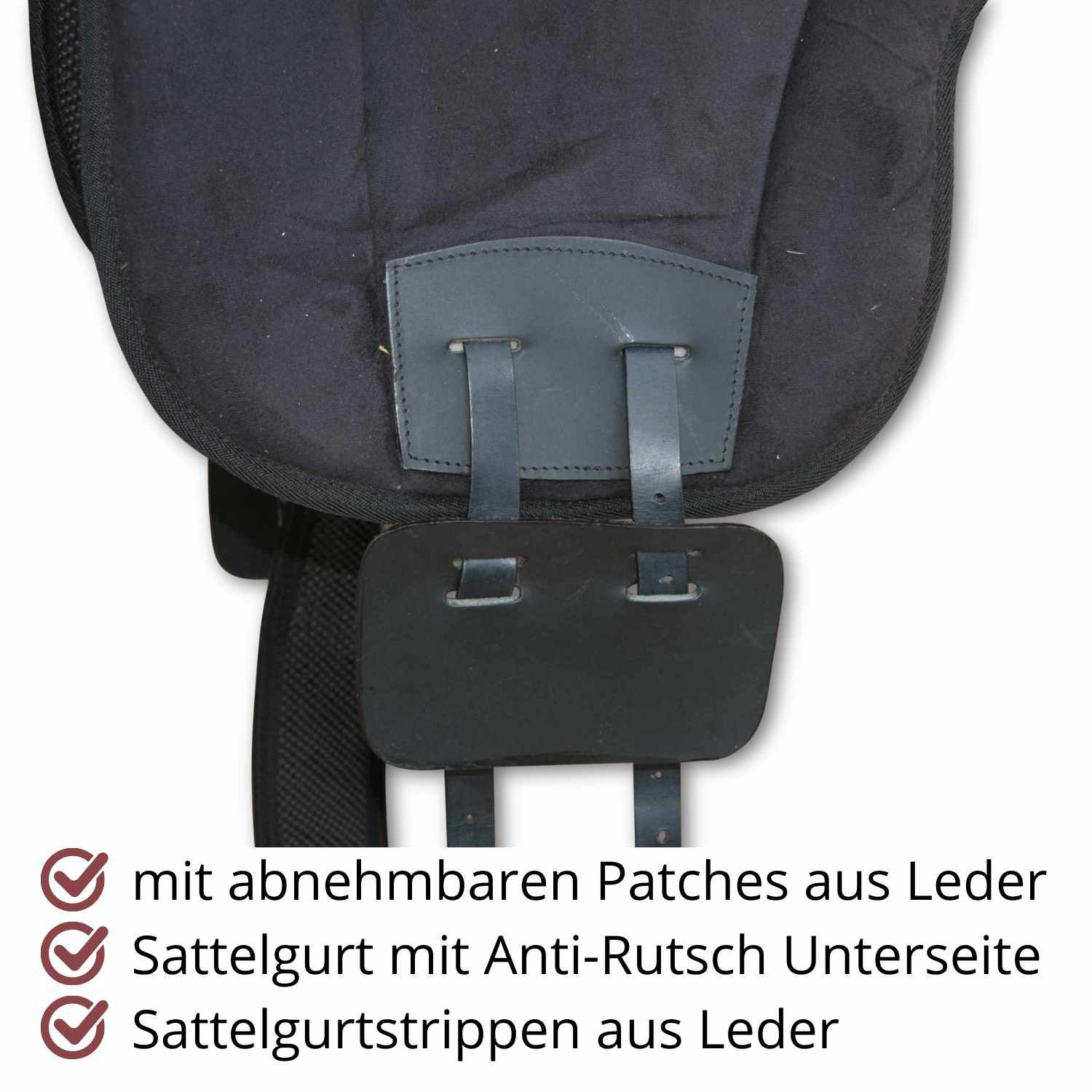 Nahaufnahme des Reitkissens mit Ledergurten. Text: mit abnehmbaren Patches aus Leder, Anti-Rutsch Unterseite, Sattelgurtstrippen aus Leder.