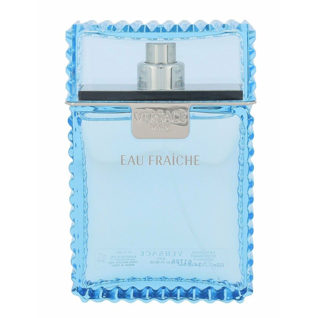 Hellblaues Deodorant-Spray. Aufschrift: Versace Man Eau Fraiche. Flakon mit geriffelten Kanten.