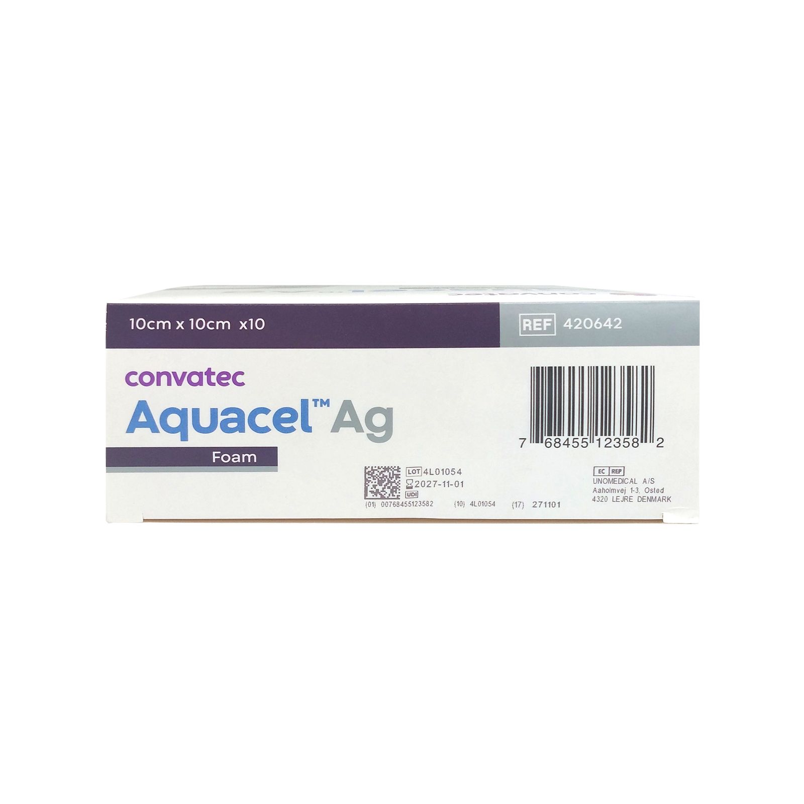 Seitenansicht der Verpackung AQUACEL Ag Foam, 10x10 cm. Mit Barcode und Referenznummer.