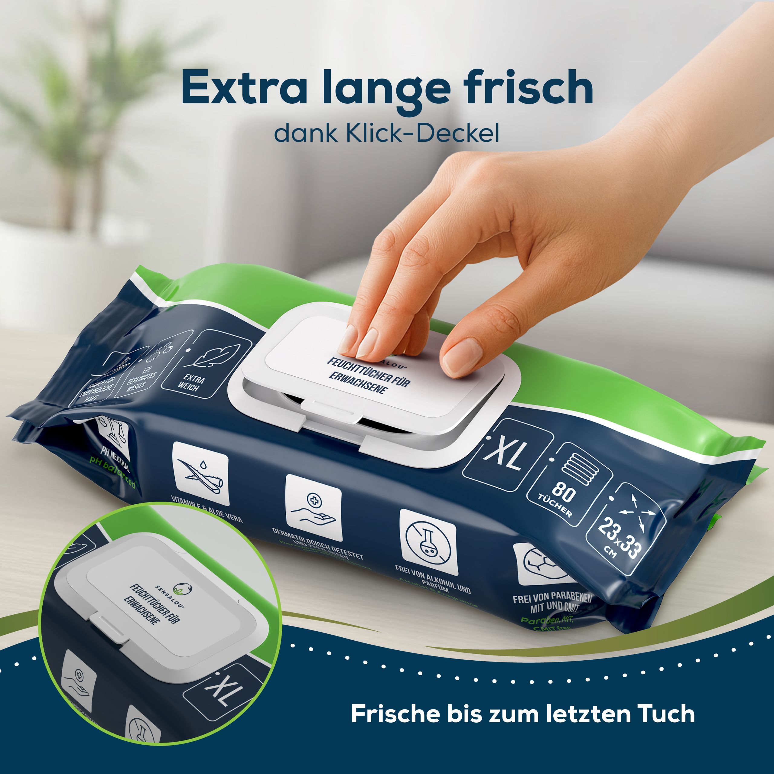 Feuchttücher-Verpackung mit Deckel. Text: Extra lange frisch, dank Klick-Deckel, 80 Tücher, 23,33 cm.